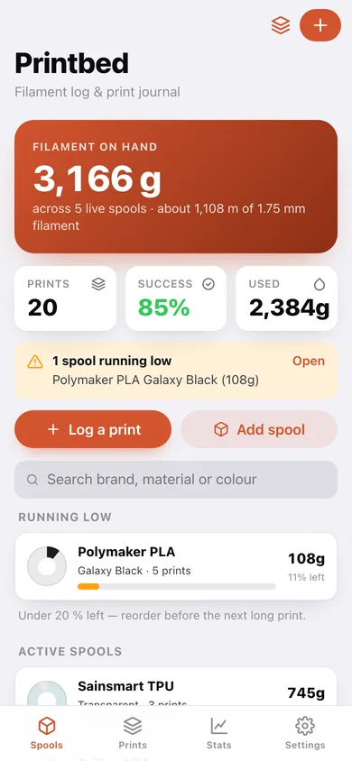 Printbed web app — screen 1