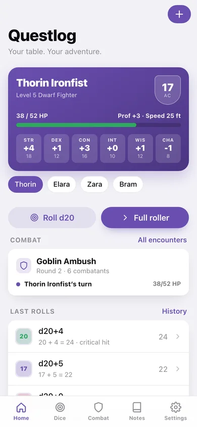 Questlog web app — screen 1