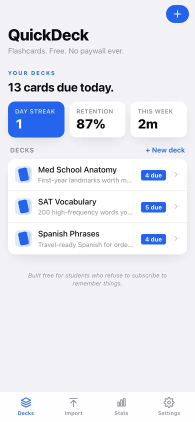 QuickDeck Study web app — screen 1