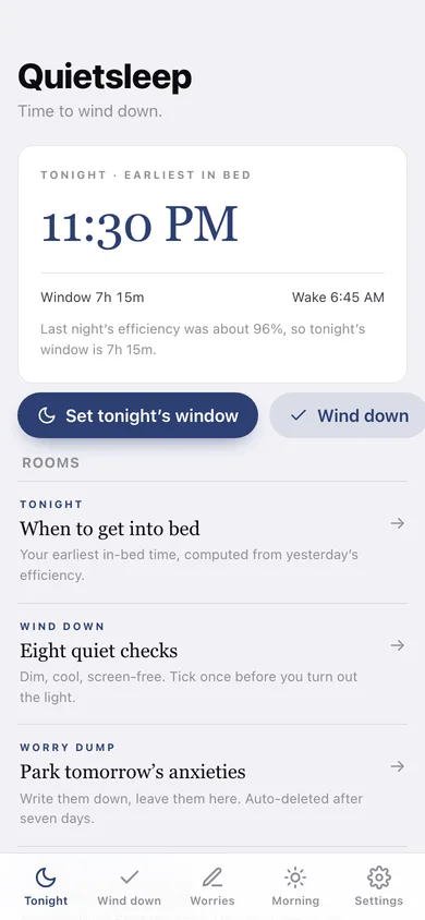 Quietsleep web app — screen 1
