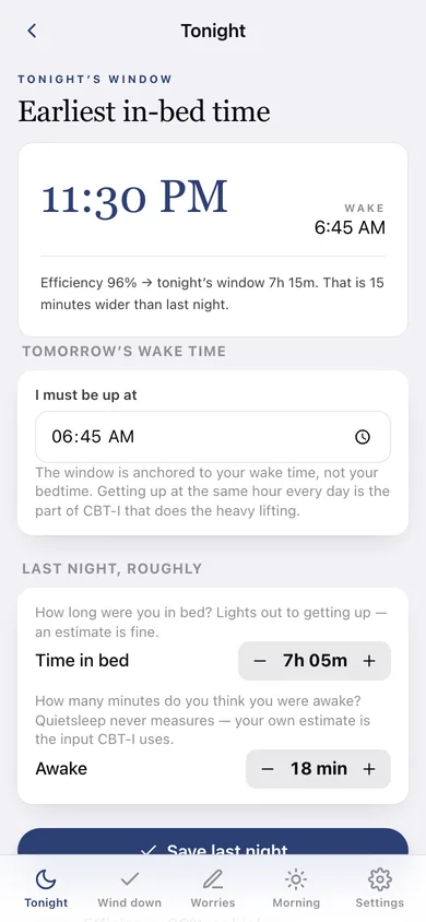 Quietsleep web app — screen 2