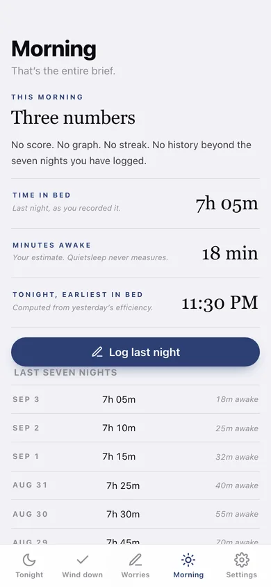 Quietsleep web app — screen 3