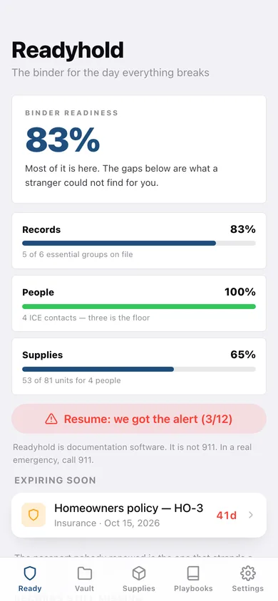 Readyhold web app — screen 1