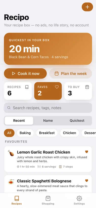 Recipo web app — screen 1