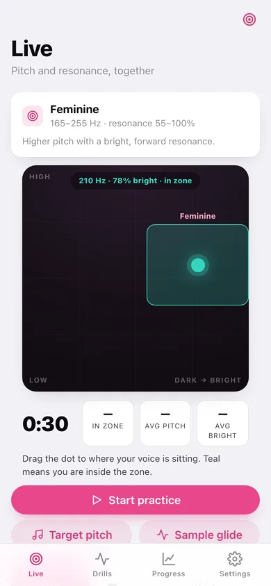 Resonate: Voice Trainer web app — screen 1