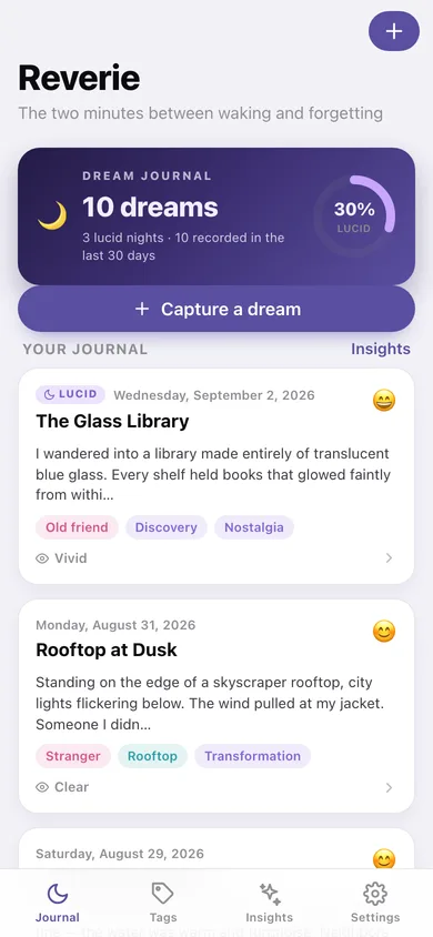 Reverie web app — screen 1