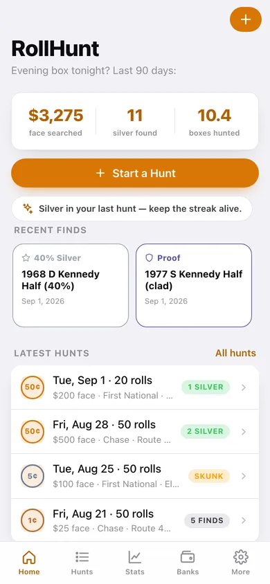 RollHunt web app — screen 1
