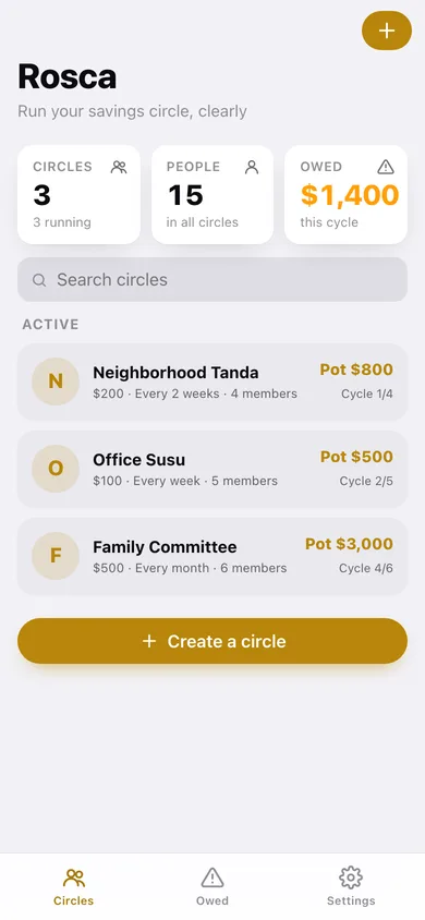 Rosca web app — screen 1