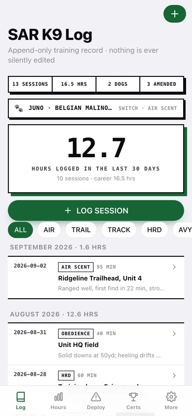 SAR K9 Log web app — screen 1