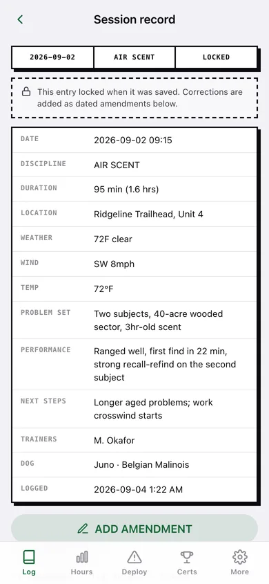 SAR K9 Log web app — screen 2