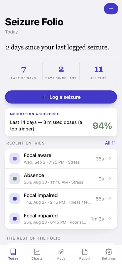 Seizure Folio web app — screen 1