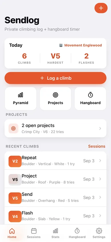 Sendlog Climbing Log web app — screen 1