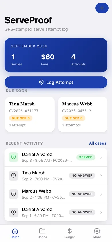 ServeProof web app — screen 1