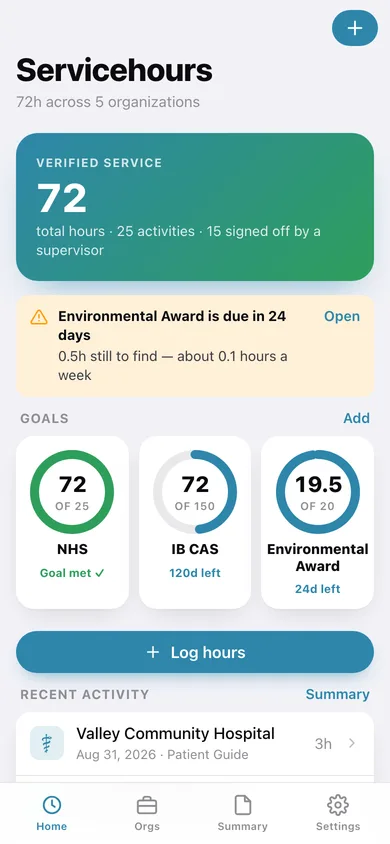 Servicehours web app — screen 1