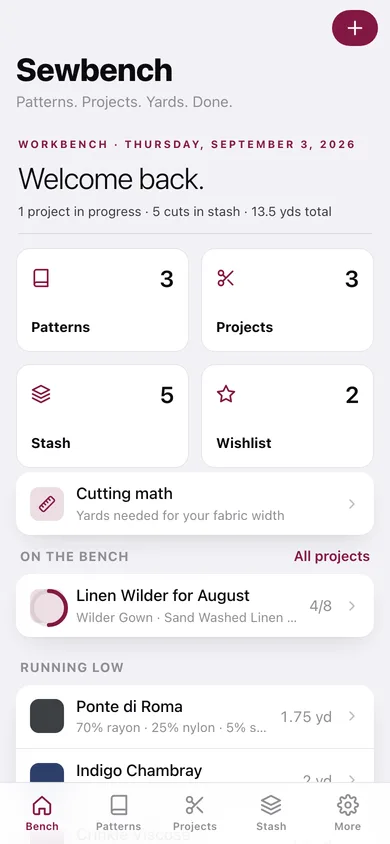 Sewbench web app — screen 1