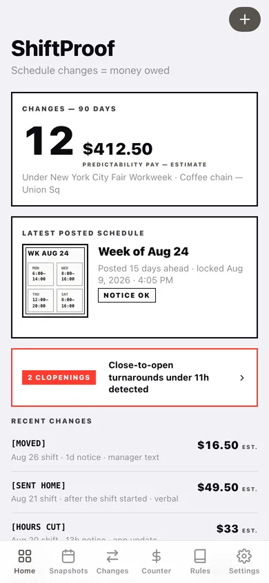 ShiftProof web app — screen 1