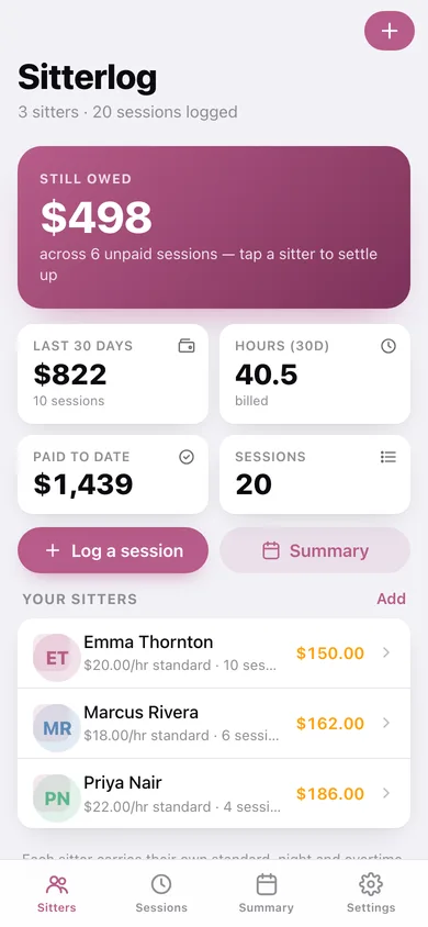 Sitterlog web app — screen 1
