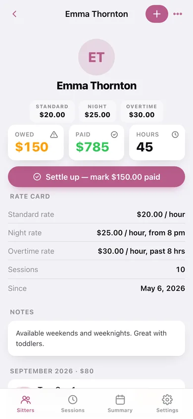 Sitterlog web app — screen 2