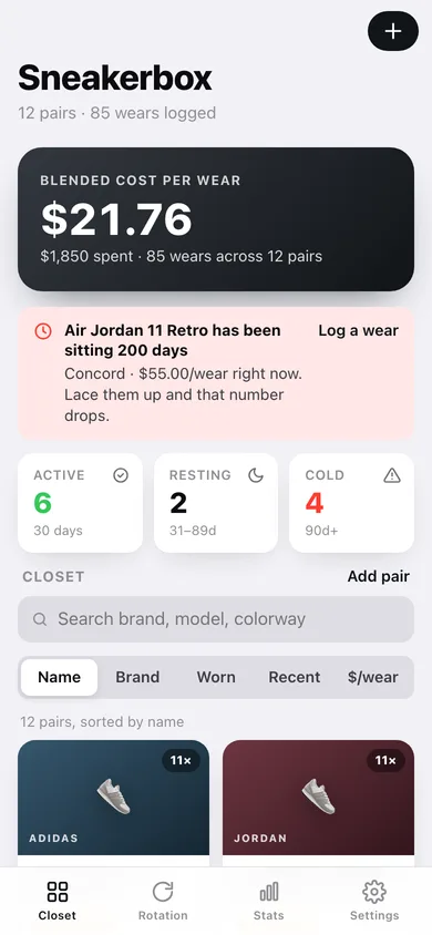 Sneakerbox web app — screen 1
