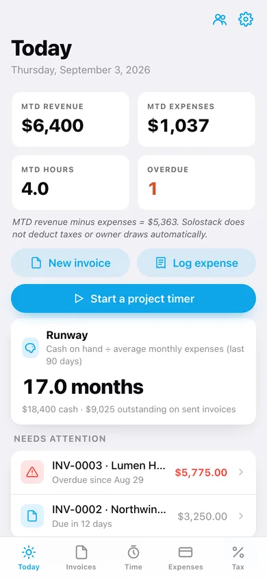 Solostack web app — screen 1