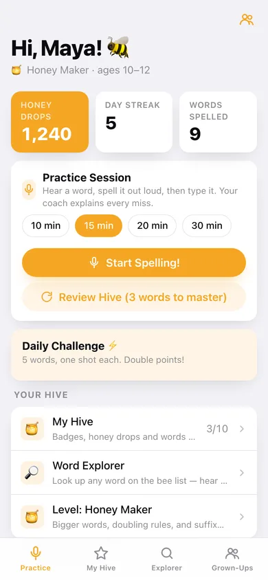 SpellHive web app — screen 1