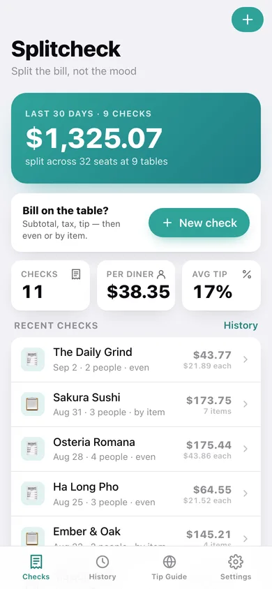 Splitcheck web app — screen 1