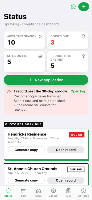 SprayLog web app — screen 1