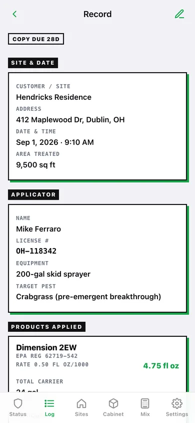 SprayLog web app — screen 2
