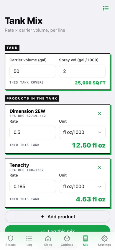 SprayLog web app — screen 3