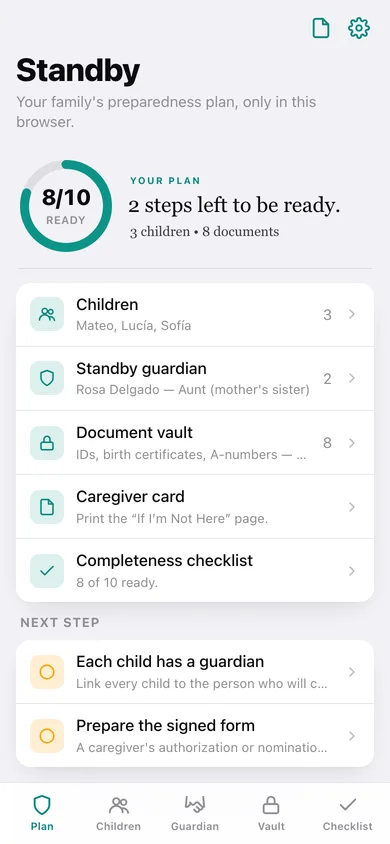 Standby web app — screen 1