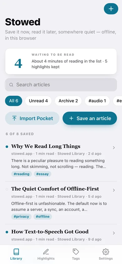 Stowed web app — screen 1