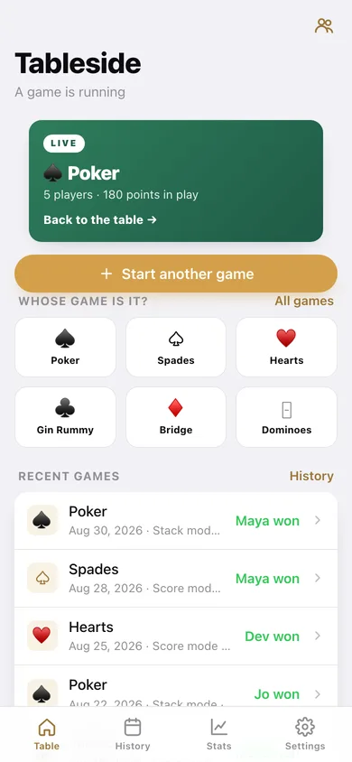 Tableside web app — screen 1