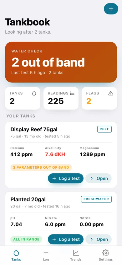 Tankbook web app — screen 1