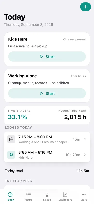 TimeSpace web app — screen 1