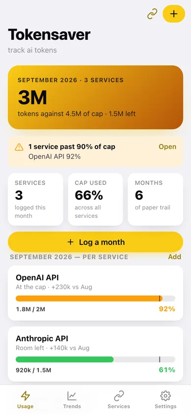 Tokensaver web app — screen 1