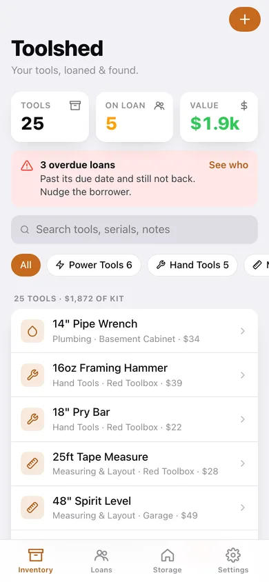 Toolshed web app — screen 1