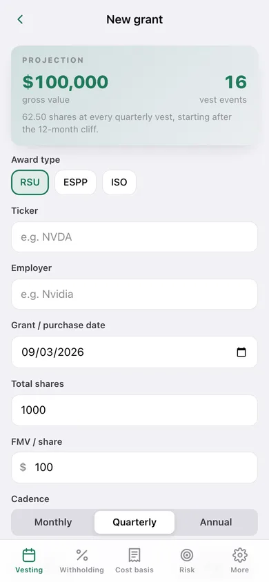 VestLedger web app — screen 3