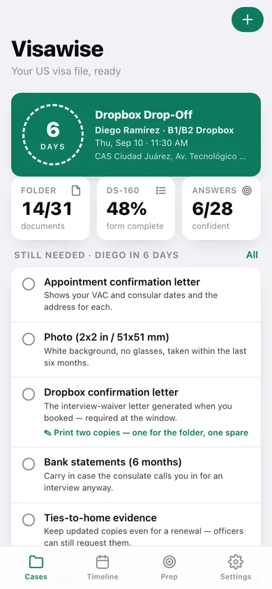 Visawise web app — screen 1