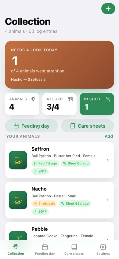 Vivarium Keeper web app — screen 1