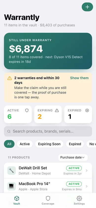 Warrantly web app — screen 1