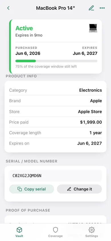 Warrantly web app — screen 2