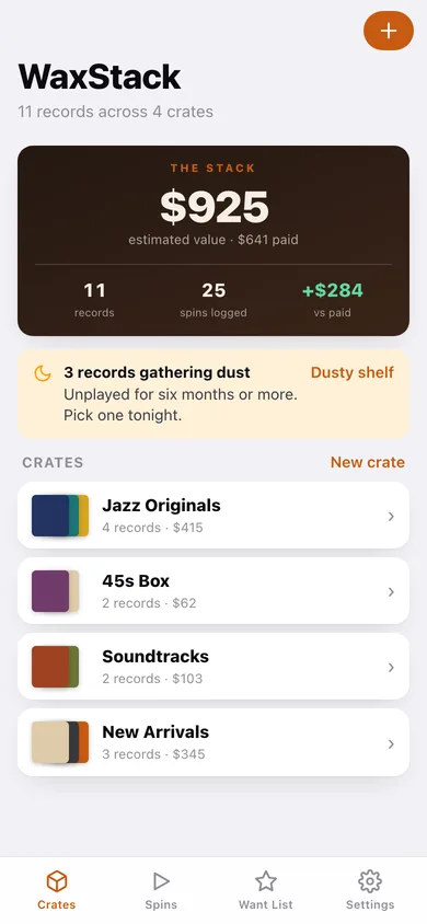 WaxStack web app — screen 1