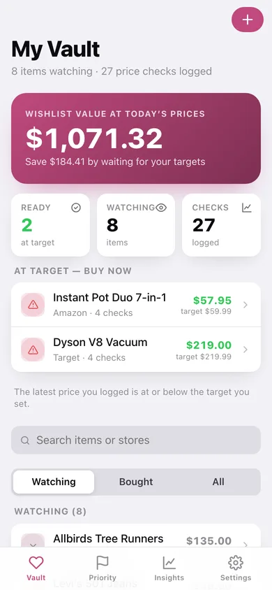 Wishvault web app — screen 1