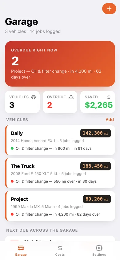 WrenchLog web app — screen 1