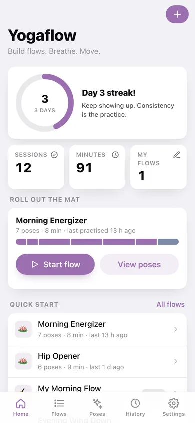 Yogaflow web app — screen 1